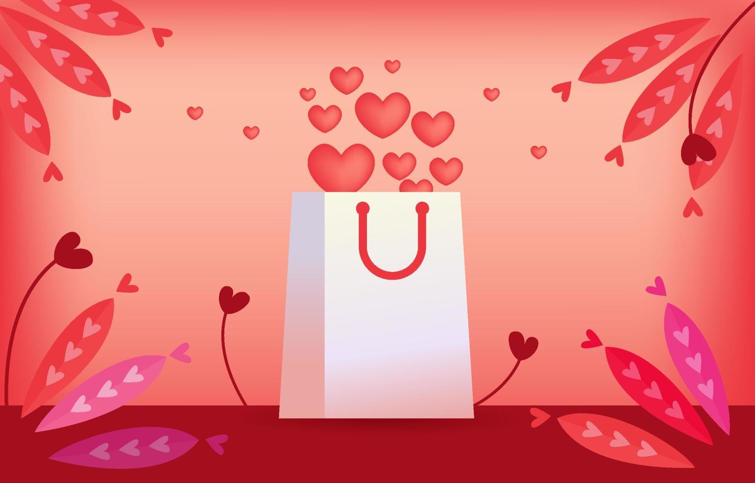 ilustración sobre compras. satisfacción del producto. dulce fondo rojo y rosa. el corazón salió flotando de la bolsa de la compra. los clientes aman la marca. ir de compras lo hace feliz. vector