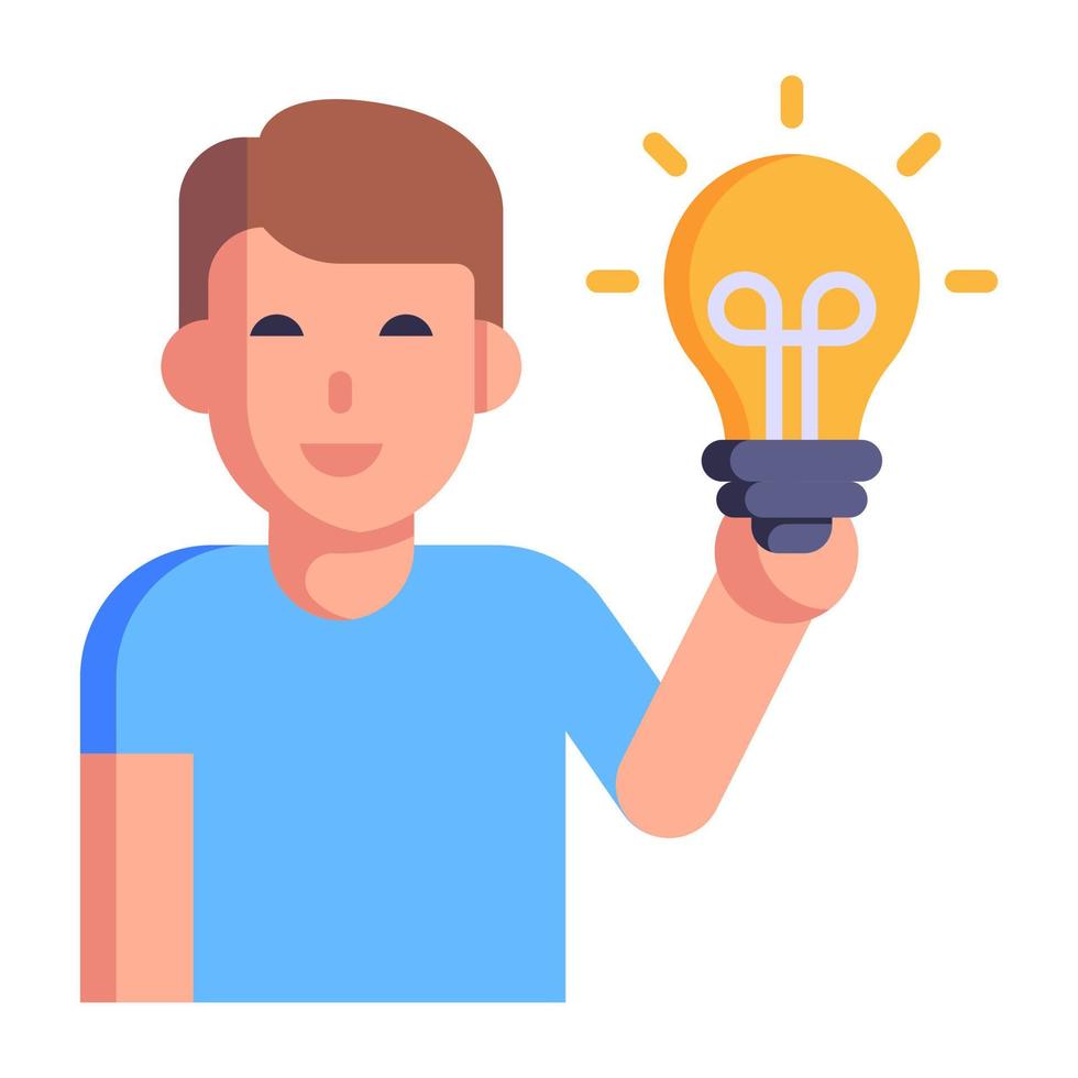 Man holding a light bulb, flat icon of idea vector