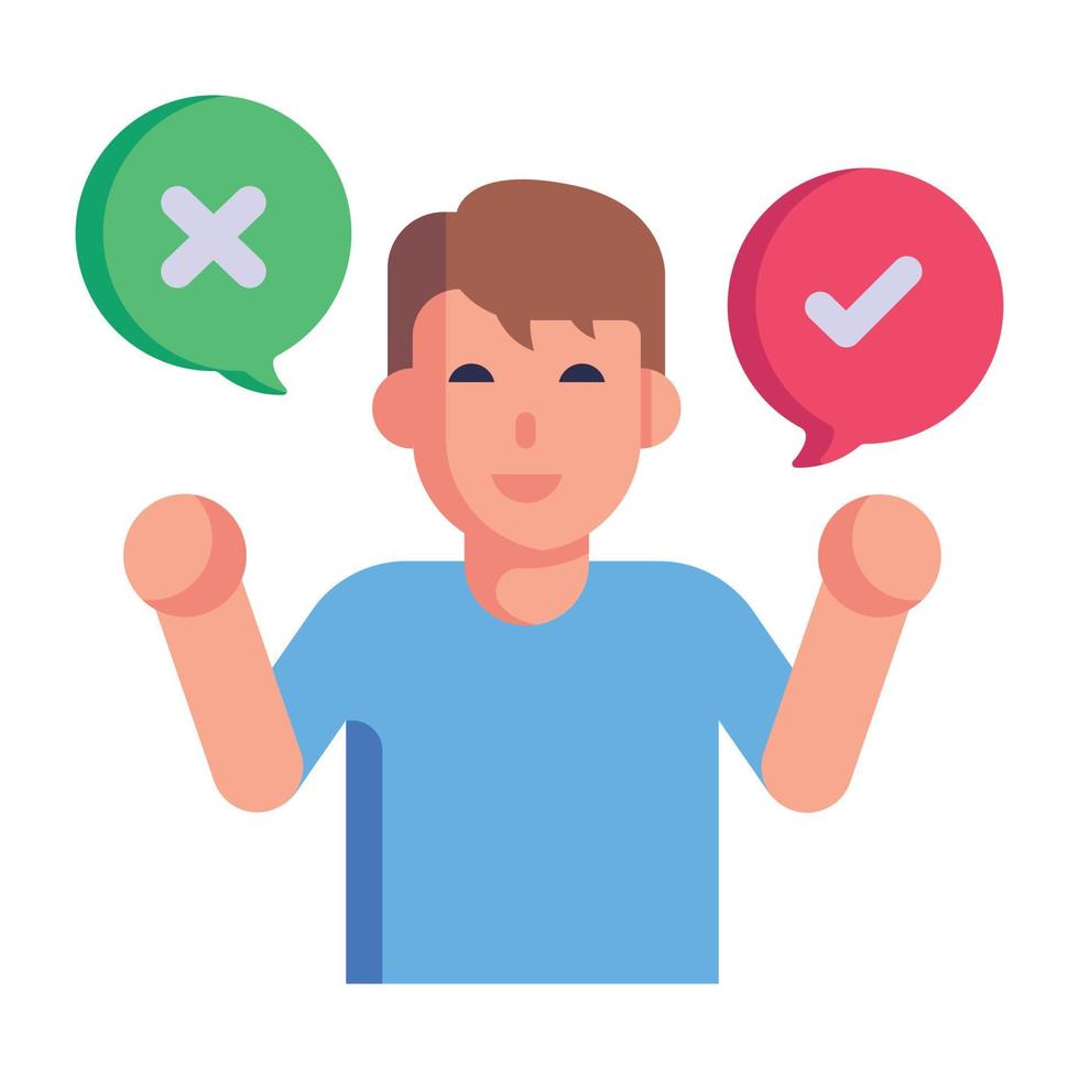 Person standing with tick and cross bubble, concept of decision making flat icon vector