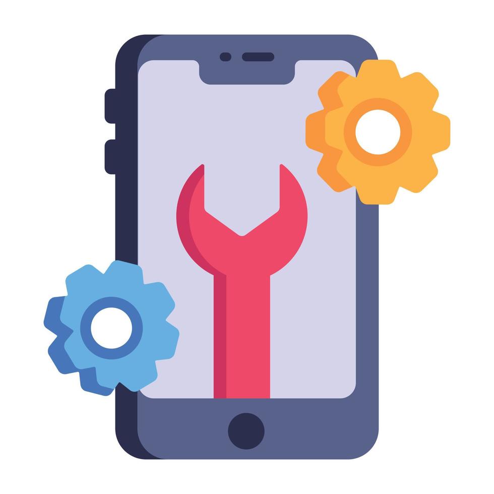 Mobile with wrench and cogwheels, concept of app maintenance flat icon vector