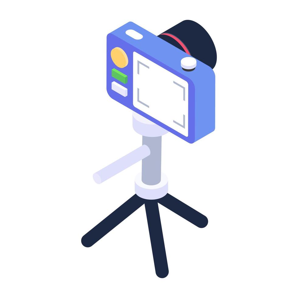 Camera on a stand, isometric icon of tripod camera vector