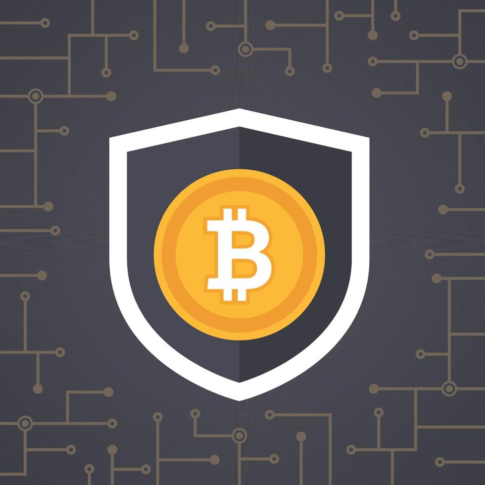 Bitcoin golden coin with shield in security concept design. Crypto currency digital security vector. Bitcoin vector illustration