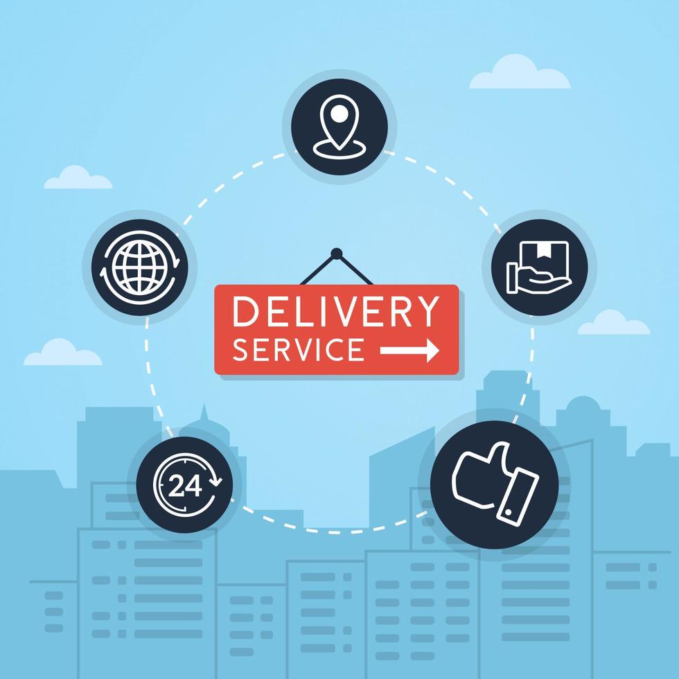 Delivery and shipping vector. Concept of fast delivery service. Vector illustration of fast shipping. Delivery with flat line icons on city background. vector illustration