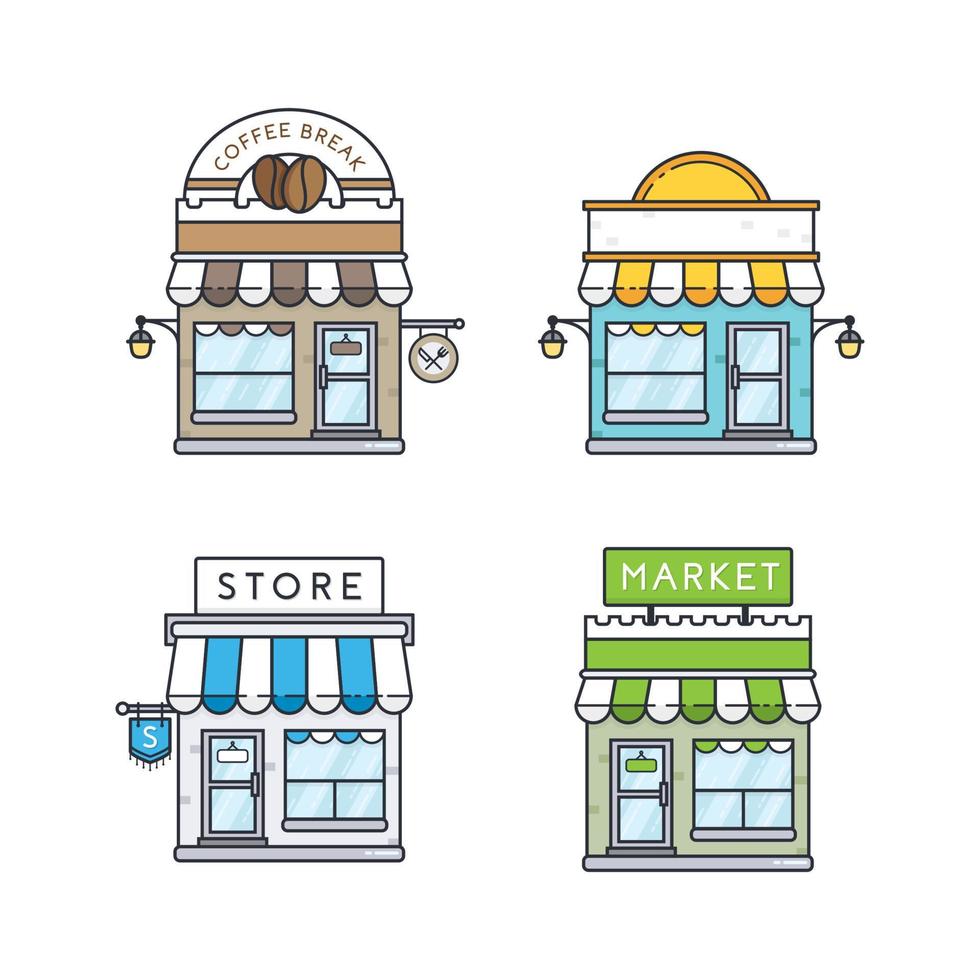 Vector set of store buildings. Shops design elements, icons in flat and outline style isolated on white background. Storefronts vector illustration