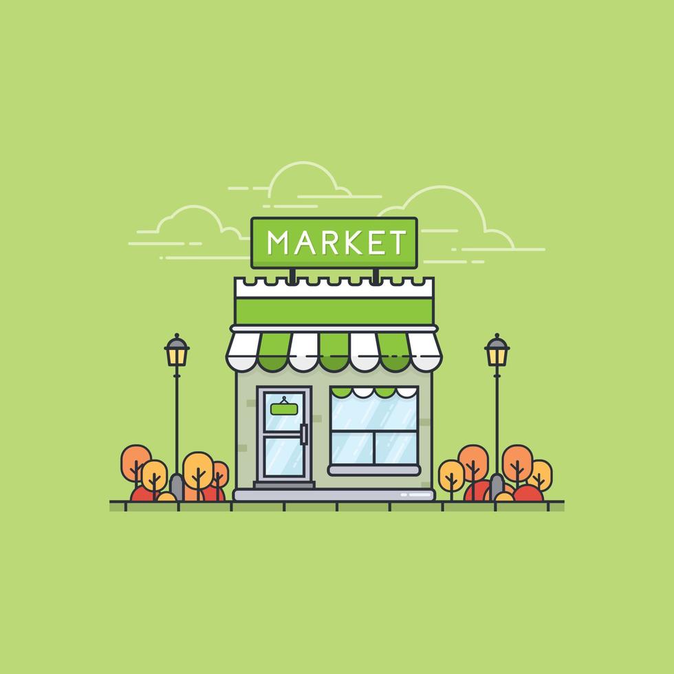 Store building illustration. Grocery store facade. Shop and store in flat design style on green background. Flat design store front. Vector illustration