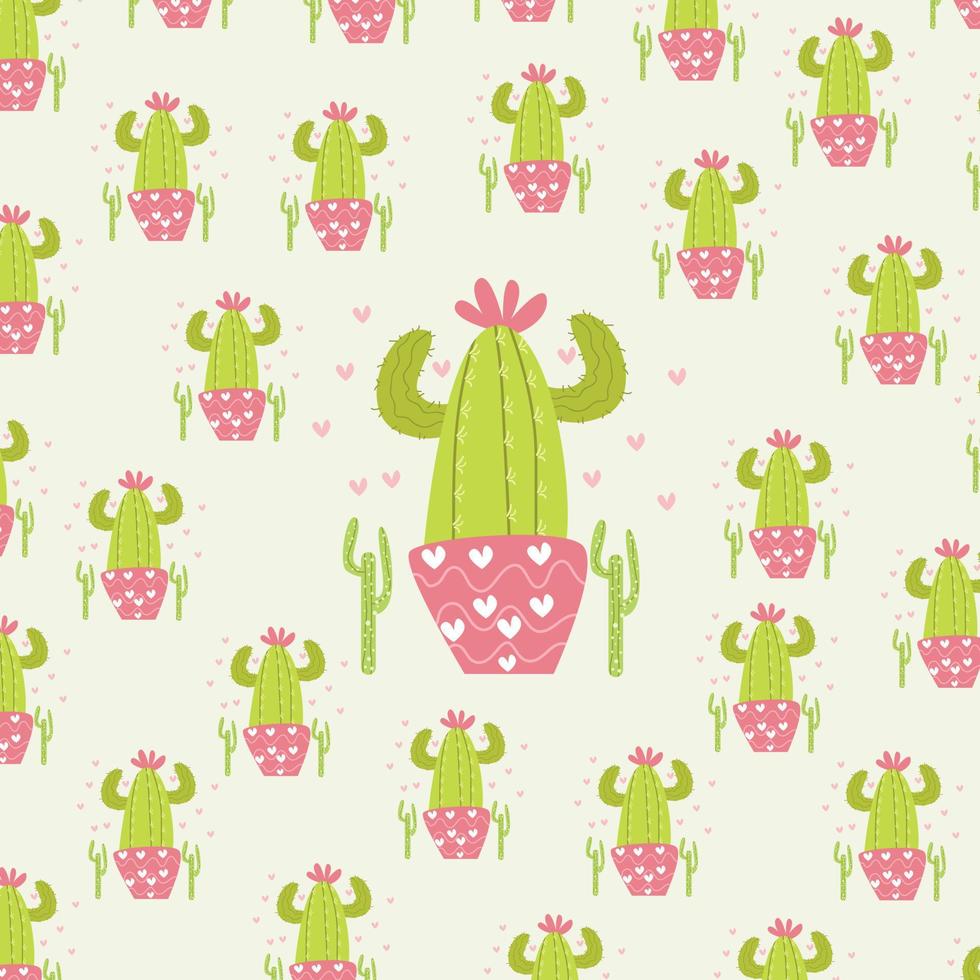 pattern For valentine, print,  packaging, decoration, wallpaper and design, case phone, bed cover, pajamas, child pajamas. pattern with cacti and flowers in green and pink colors on beige background. vector