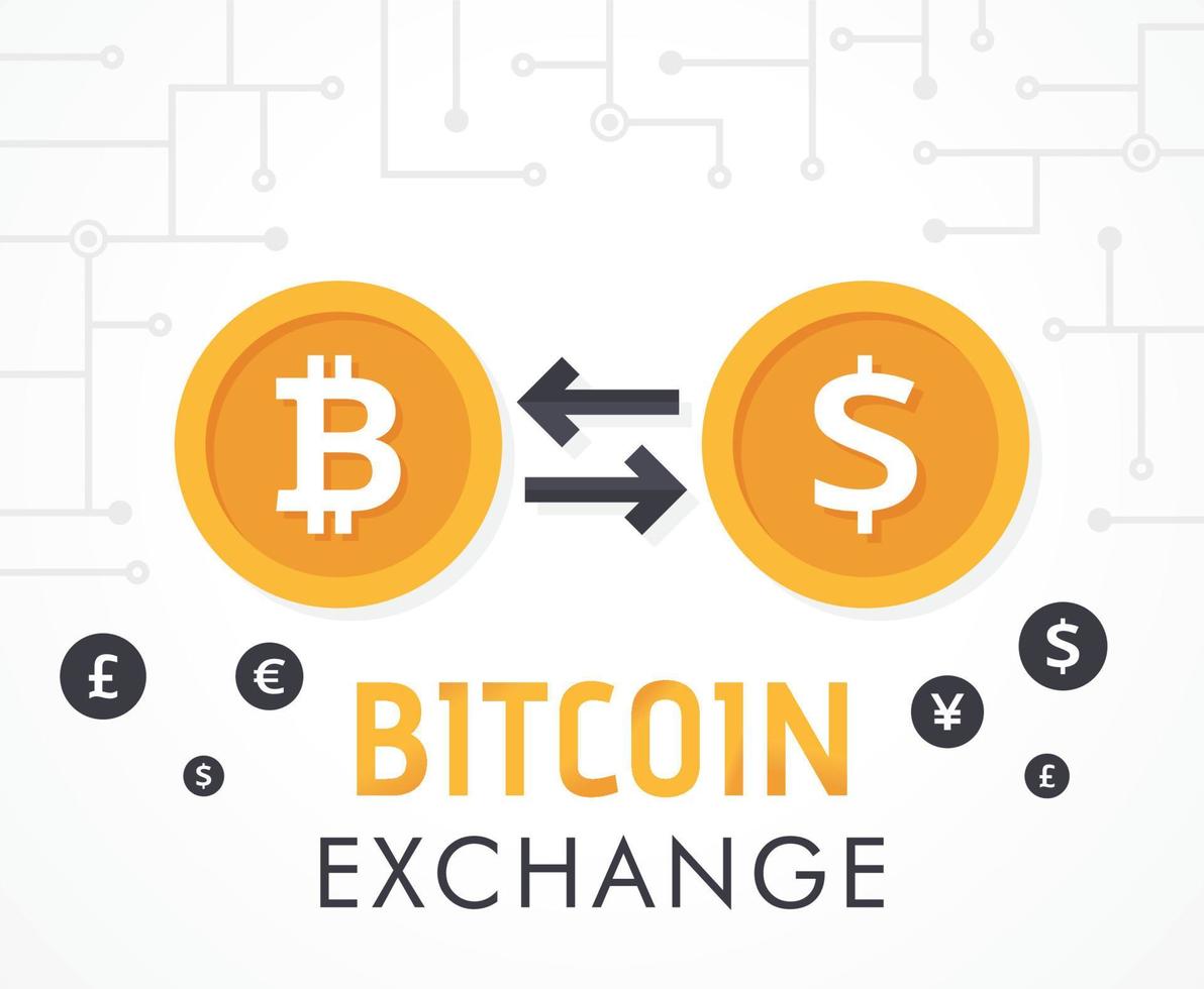 Bitcoin to dollar currency exchange. Bitcoin exchange with bitcoin coin symbol and sign of other currencies. Cryptocurrency technology. Vector illustration