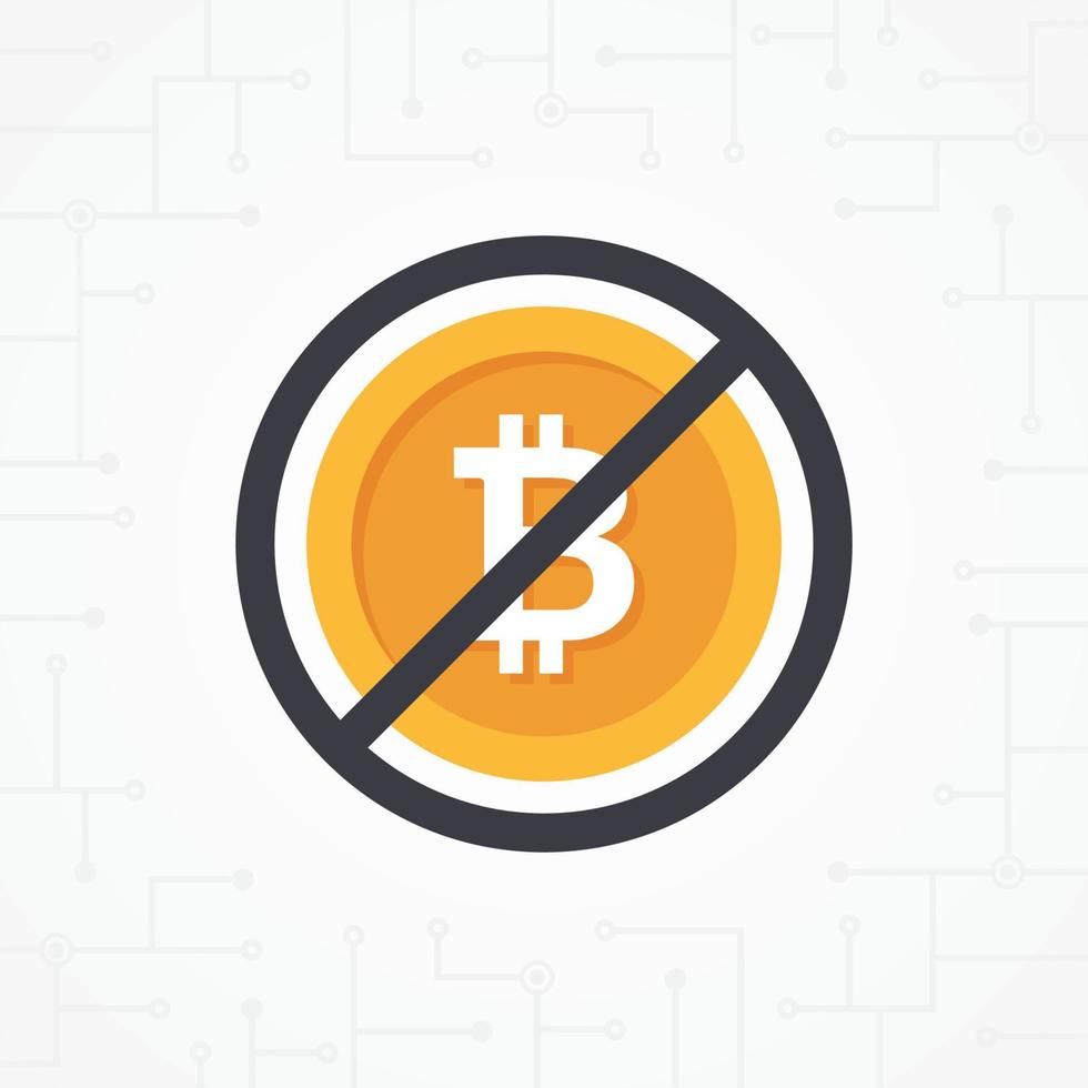 Sign no bitcoin in flat design vector. Sign no bitcoin on white background. Not allowed sign for bitcoin. Cryptocurrency vector illustration