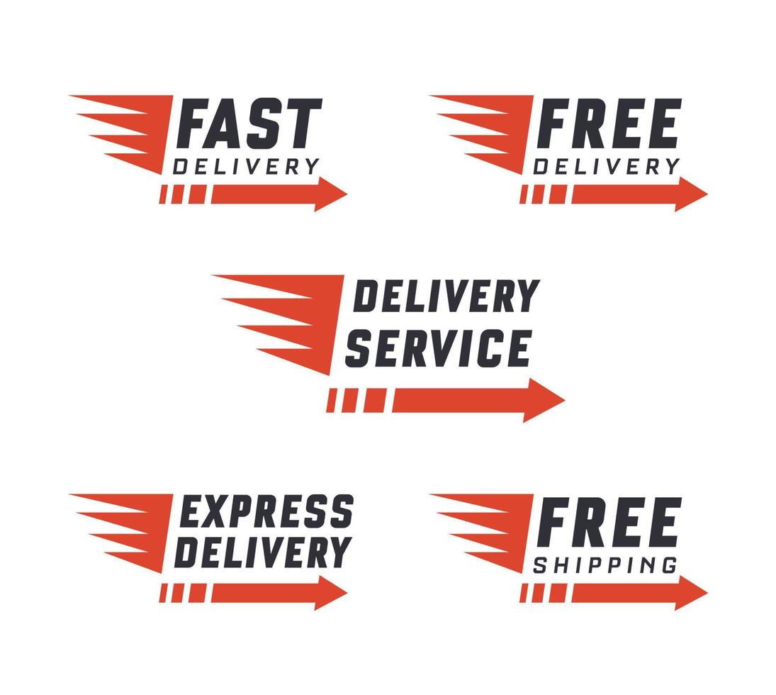 Set of delivery text signs and label. Vector set of delivery service. Free delivery, free shipping labels. Illustration of shipments and free delivery. Vector illustration