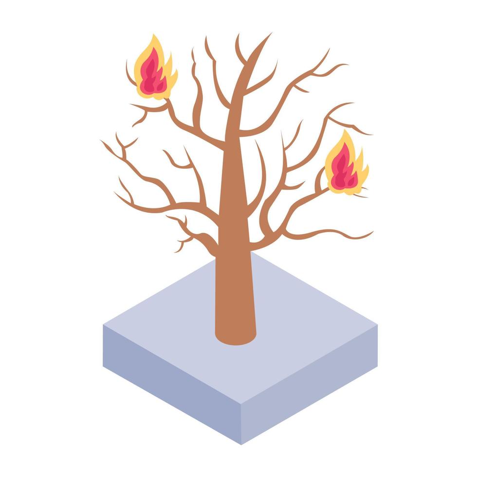 concepto de desastre de fuego, icono isométrico del árbol en llamas vector