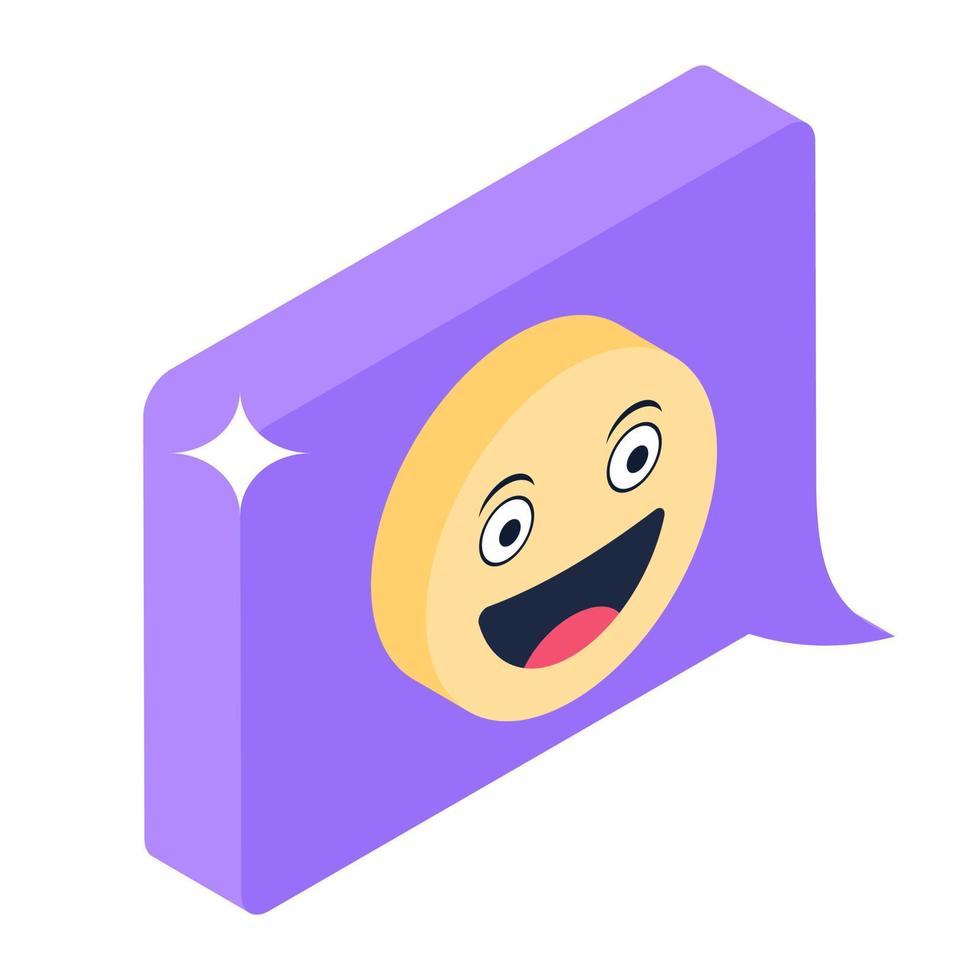 emoticono divertido dentro de la burbuja del habla en el teléfono, icono isométrico del mensaje emoji vector