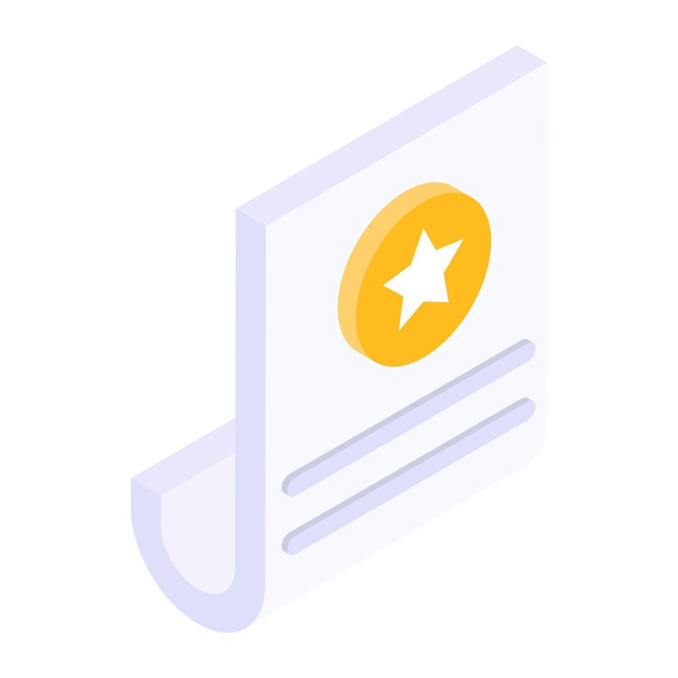 Star on a paper, review sheet isometric icon vector
