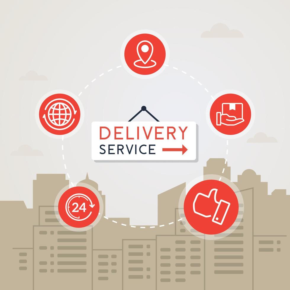 Concept of fast delivery service. Vector illustration of fast shipping. Delivery with flat line icons on city background. Logistic and shipping vector illustration
