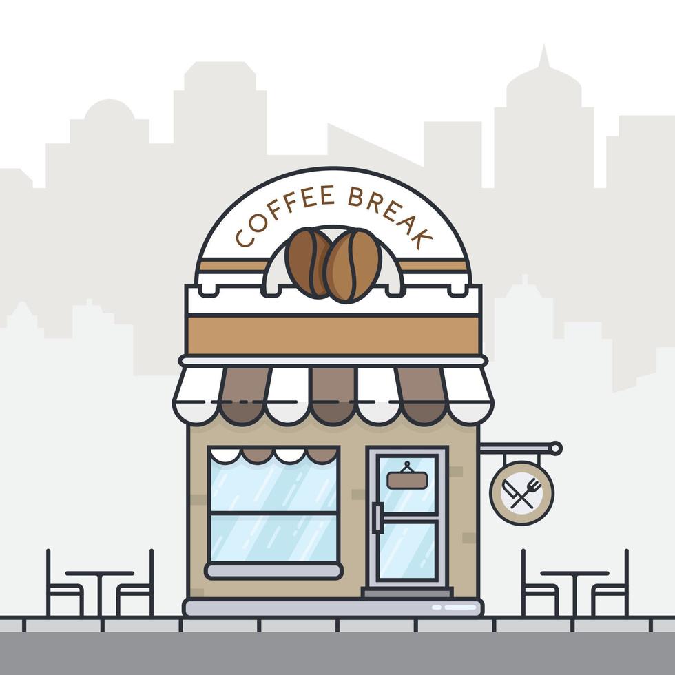 edificio de cafetería en diseño plano. ilustración de la tienda de descanso para tomar café. edificio de tiendas en el paisaje de la calle de la ciudad. ilustración vectorial vector