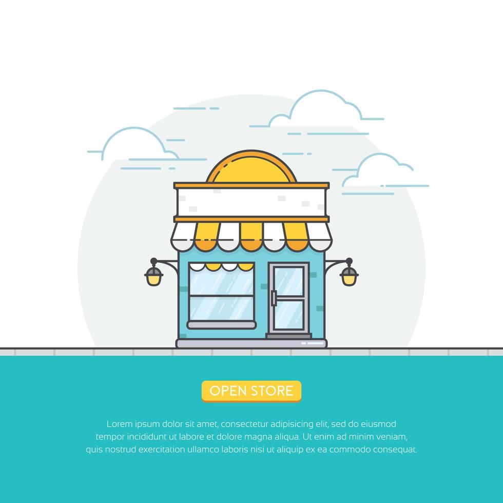 Open online store, store front building vector concept. Storefront illustration in flat style. Online shop, store banner design. Vector illustration