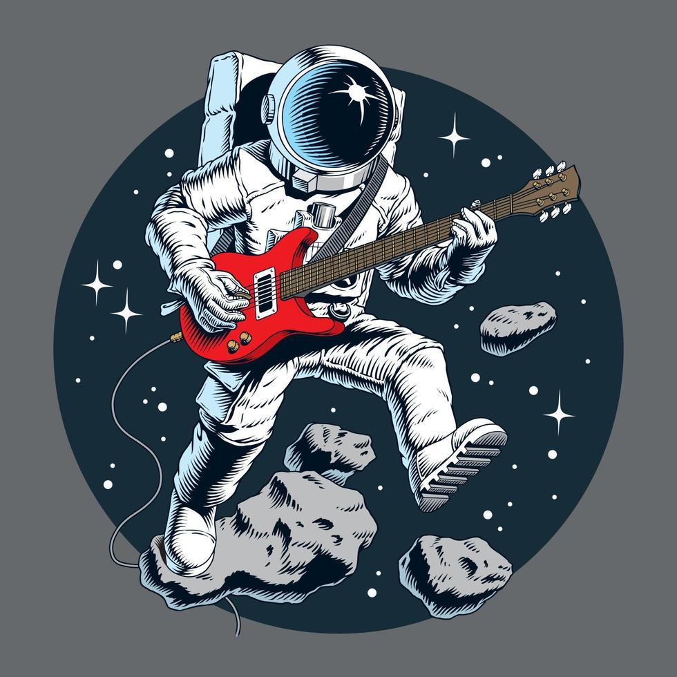 astronauta tocando guitarra eléctrica en el espacio. estrellas y asteroides en el fondo. ilustración vectorial vector