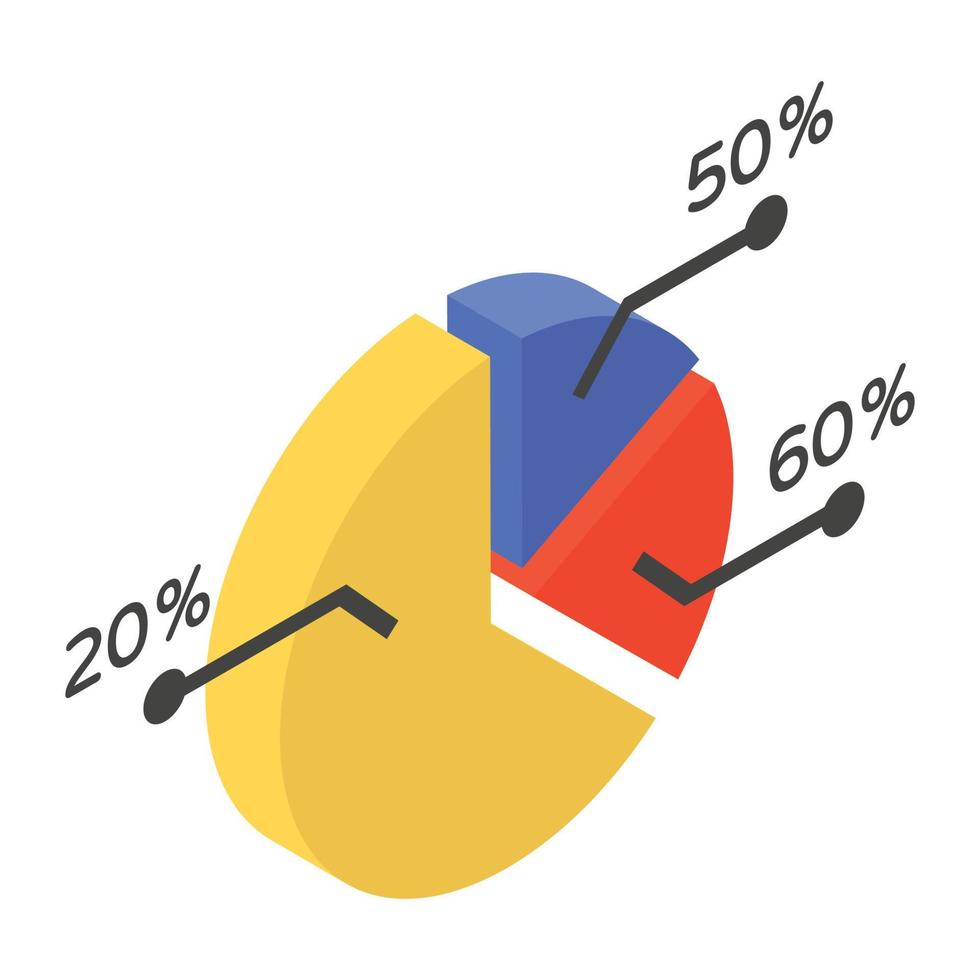 A pie chart denoting graphical representation in isometric icon vector