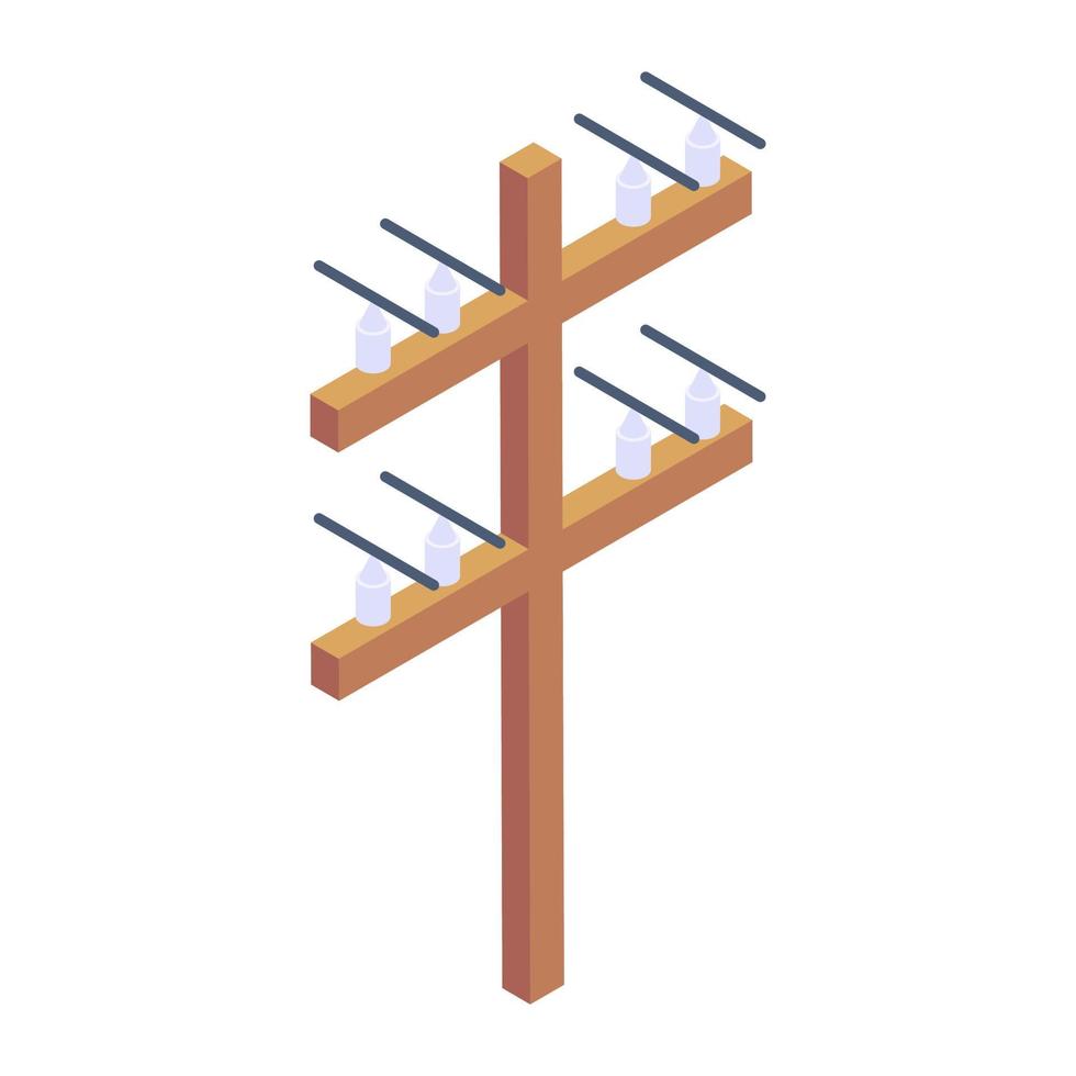 Power supplies pillars, isometric icon of electric poles vector