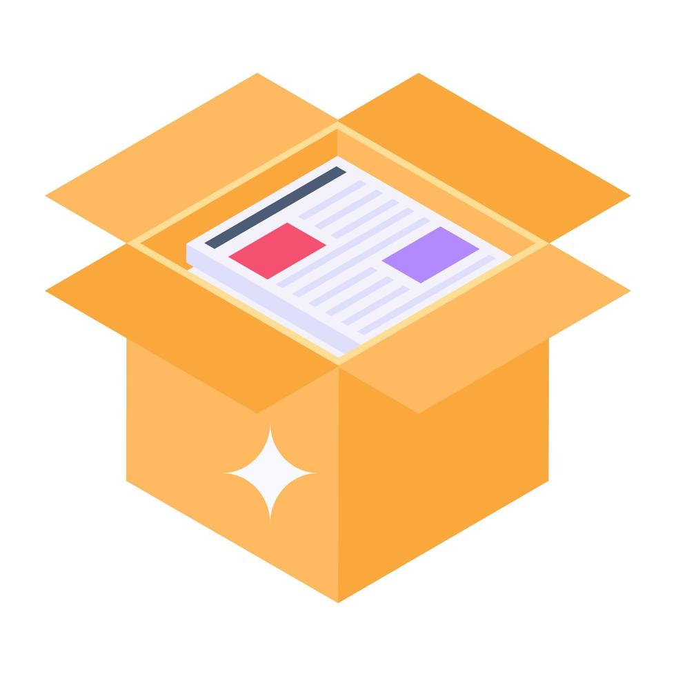 Parcel filling concept, isometric icon of newspaper packaging vector