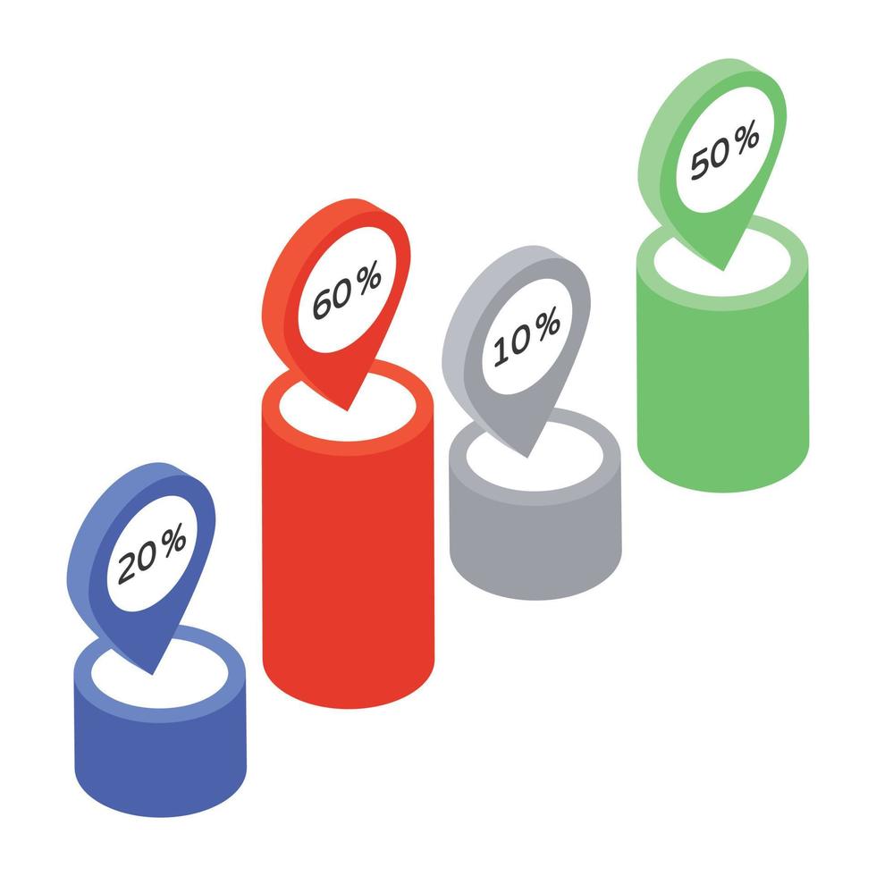 Bars with percentage, bar infographic isometric icon vector