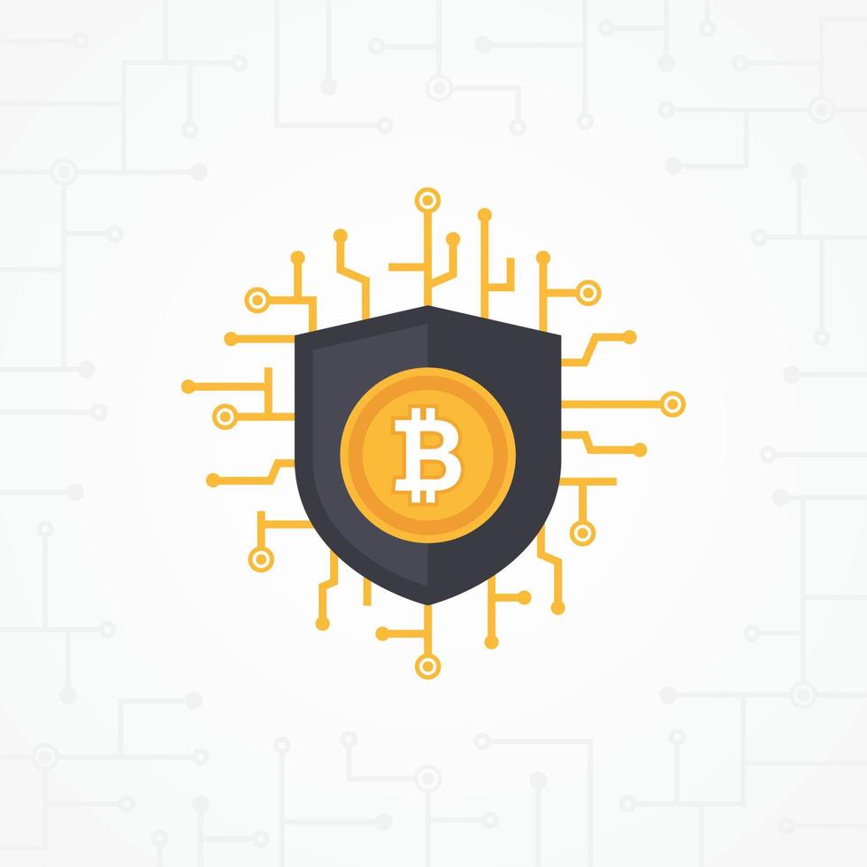 concepto de vector plano de seguridad bitcoin. seguridad digital bitcoin con placa de circuito sobre fondo blanco. ilustración de vector de moneda criptográfica