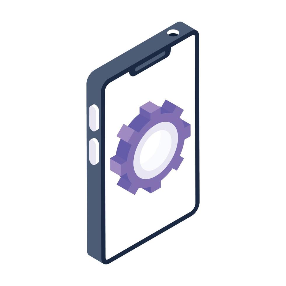 Gear inside mobile phone, isometric vector design of mobile configuration icon