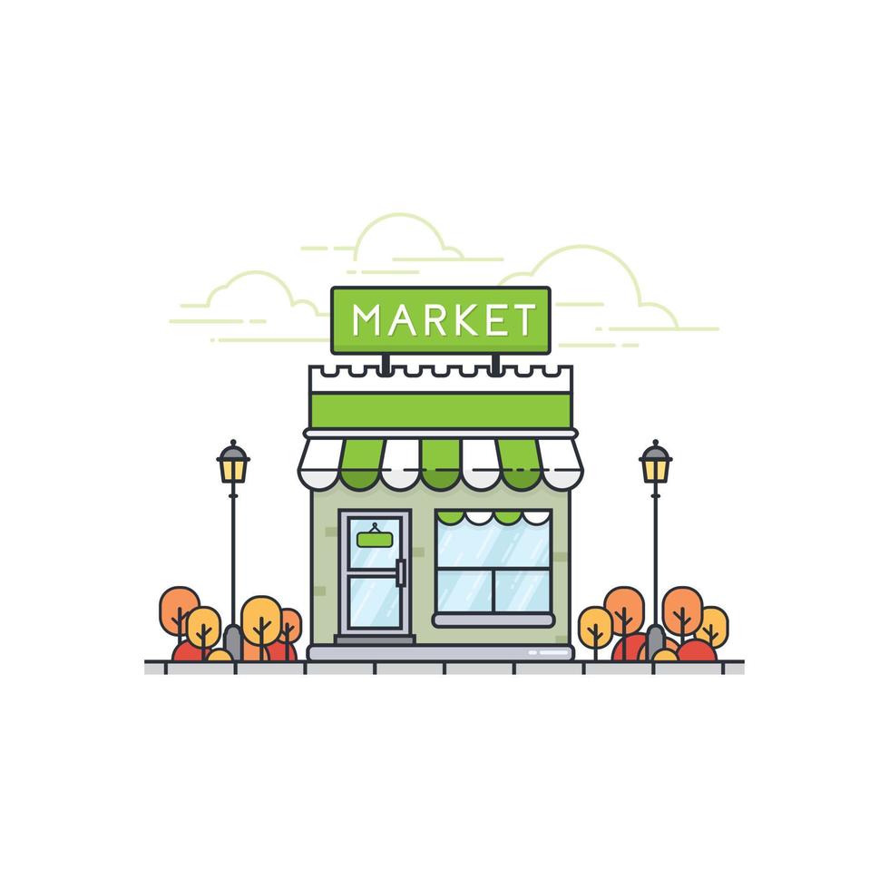 Shop and store in flat design style. Store building illustration. Grocery store facade. Flat design store front. Vector illustration