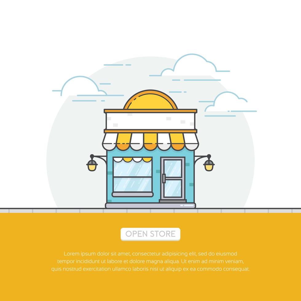 Storefront illustration in flat style. Open online store, store front building vector concept. Online shop, store banner design. Vector illustration