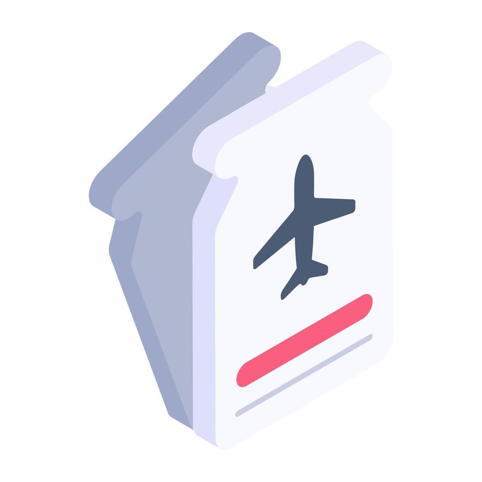 Isometric icon of air ticket, travel pass for flight vector