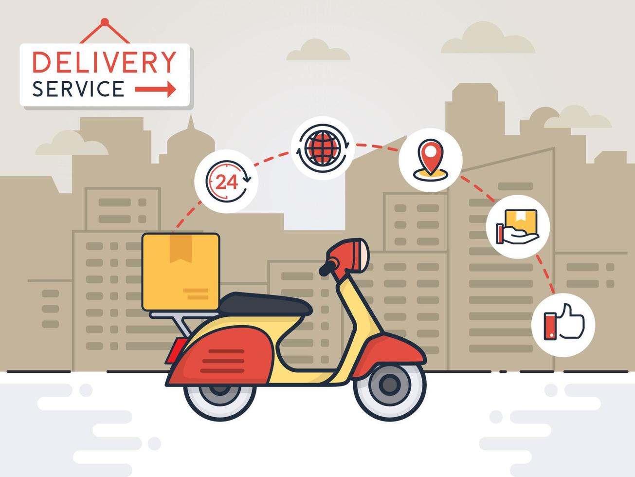 Ilustración de vector de servicio de entrega. servicio de entrega con motocicleta scooter y cajas de cartón en el fondo de la ciudad. concepto de entrega 24 horas. ilustración vectorial
