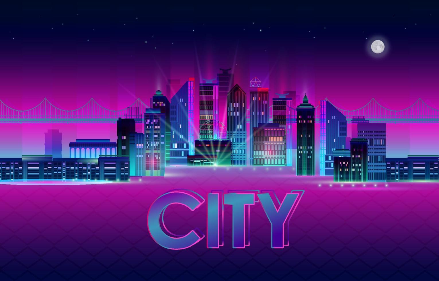 Night City Panorama with Neon Glow on Dark Background. Vector. vector