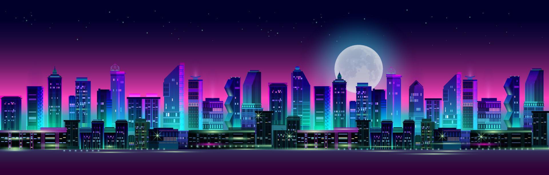 Night City Panorama with Neon Glow on Dark Background. Vector. 6433938