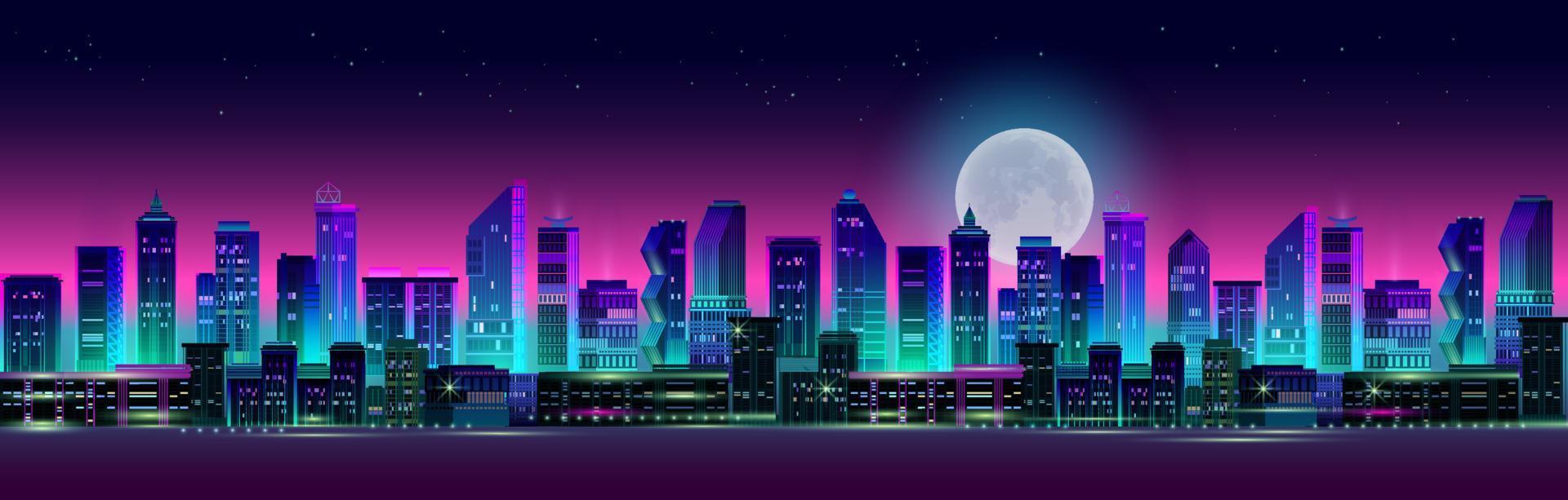 Night City Panorama with Neon Glow on Dark Background. Vector. vector