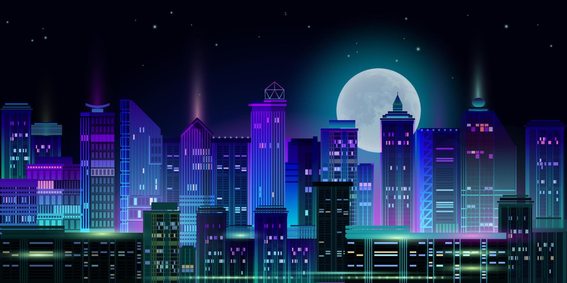 Night City Panorama with Neon Glow on Dark Background. Vector. vector