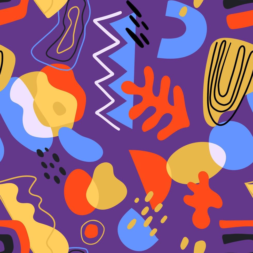 Seamless modern pattern with abstract various shapes and doodle objects. Trendy contemporary design vector
