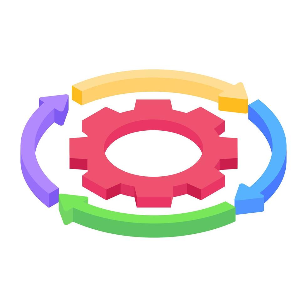 Gear surrounded arrows, development icon in isometric design vector