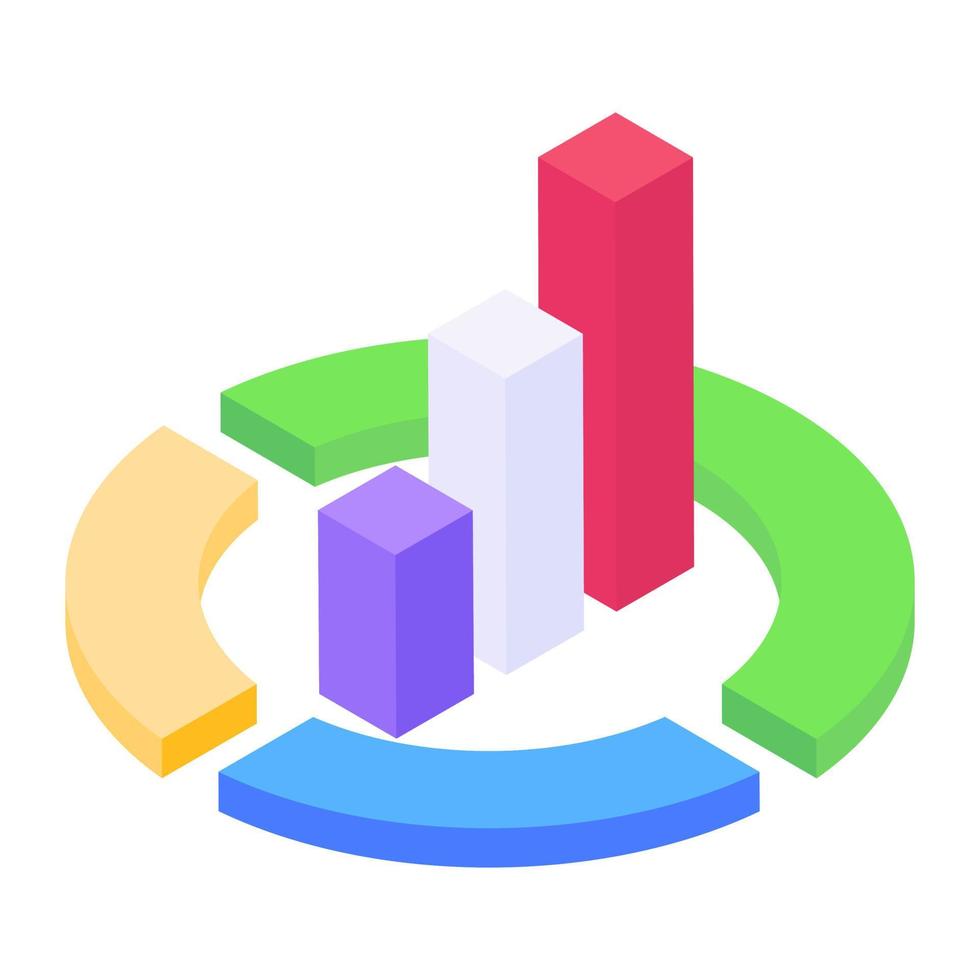 gráfico de barras con gráfico circular, estilo isométrico de análisis de datos vector