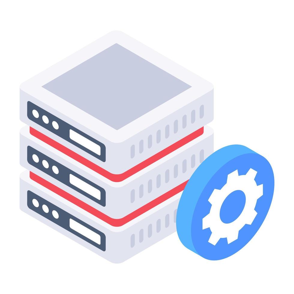 Server rack with gear, icon of database management in isometric design vector