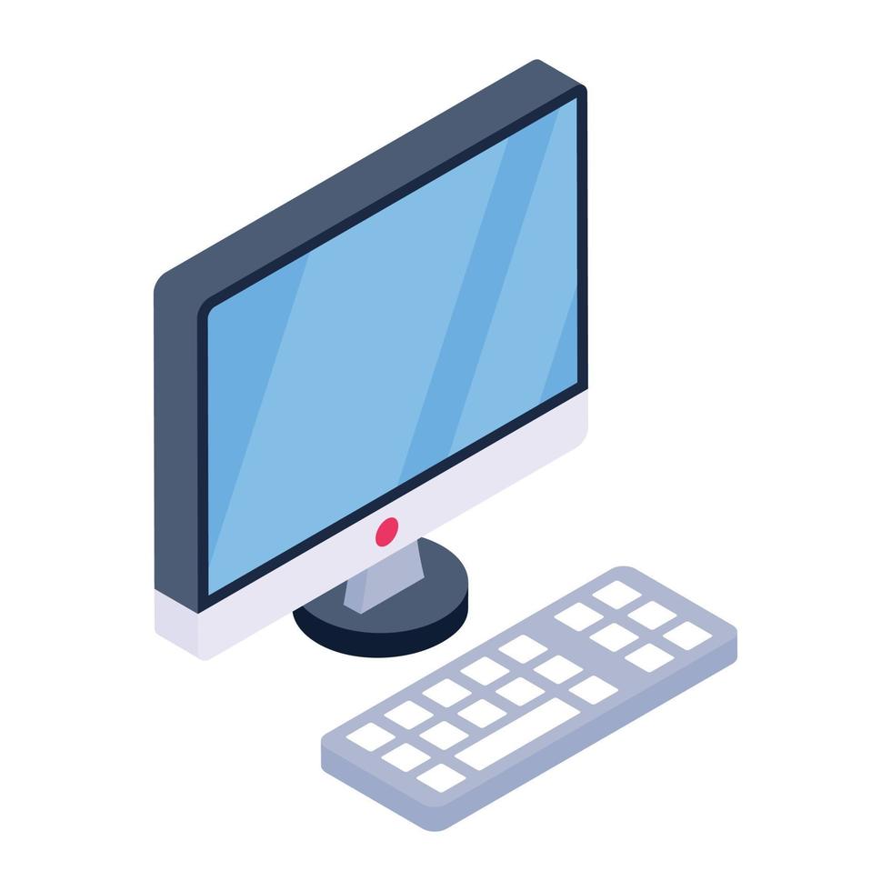 An lcd monitor with typing keyboard, personal computer isometric icon design vector