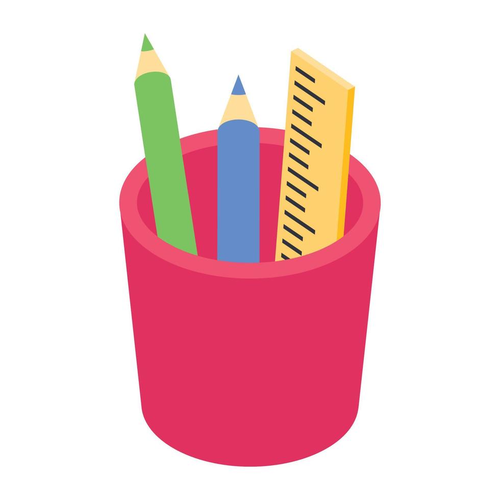 Pencils and ruler inside bucket, stationery isometric icon vector