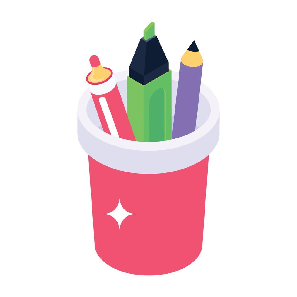 Pencils and highlighter inside bucket, office supplies isometric icon vector