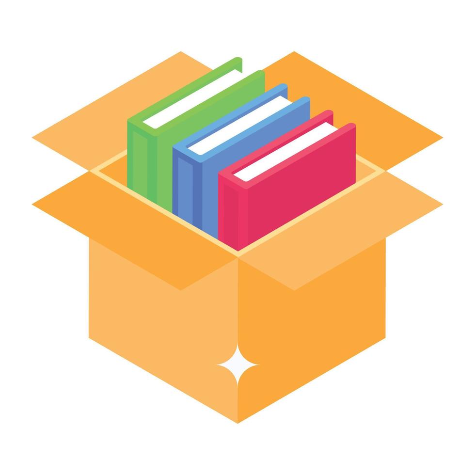 Parcel filling concept, isometric icon of books packaging vector