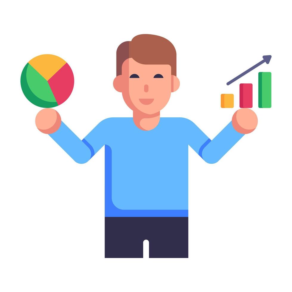 persona con gráficos de negocios y analista de datos vector