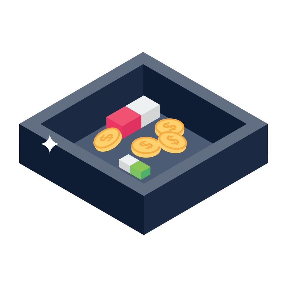 Office supplies or coins cabinet, isometric icon of stationery drawer vector