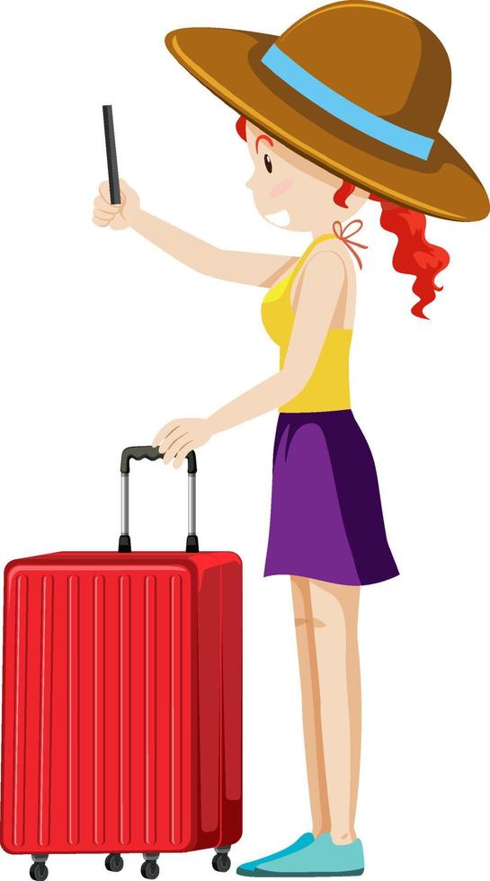 una chica viajera tomando selfie y de pie con equipaje vector
