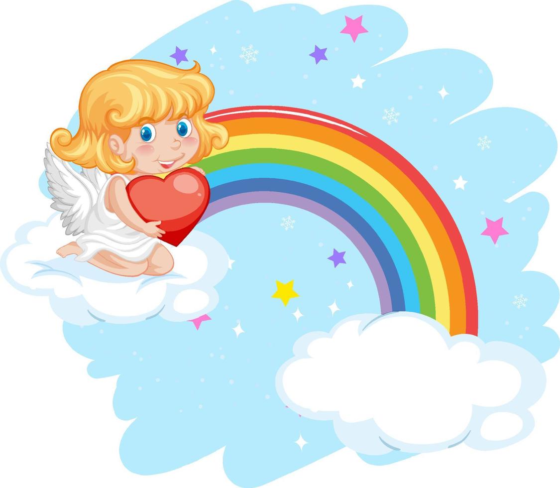 niña ángel sentada en la nube con arco iris vector