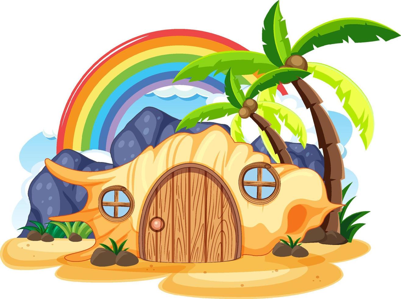 Shell house on island in cartoon style vector