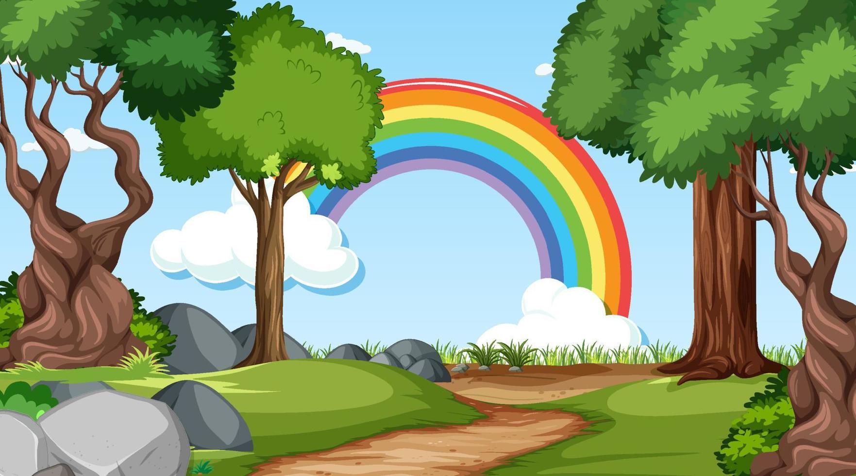 Nature forest scene with rainbow in the sky vector