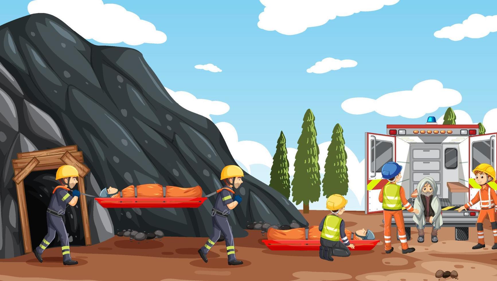 Cave scene with firerman rescue in cartoon style vector