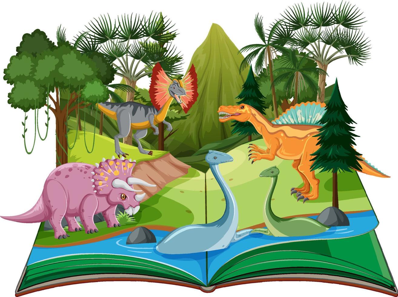 escena con dinosaurios en el libro vector